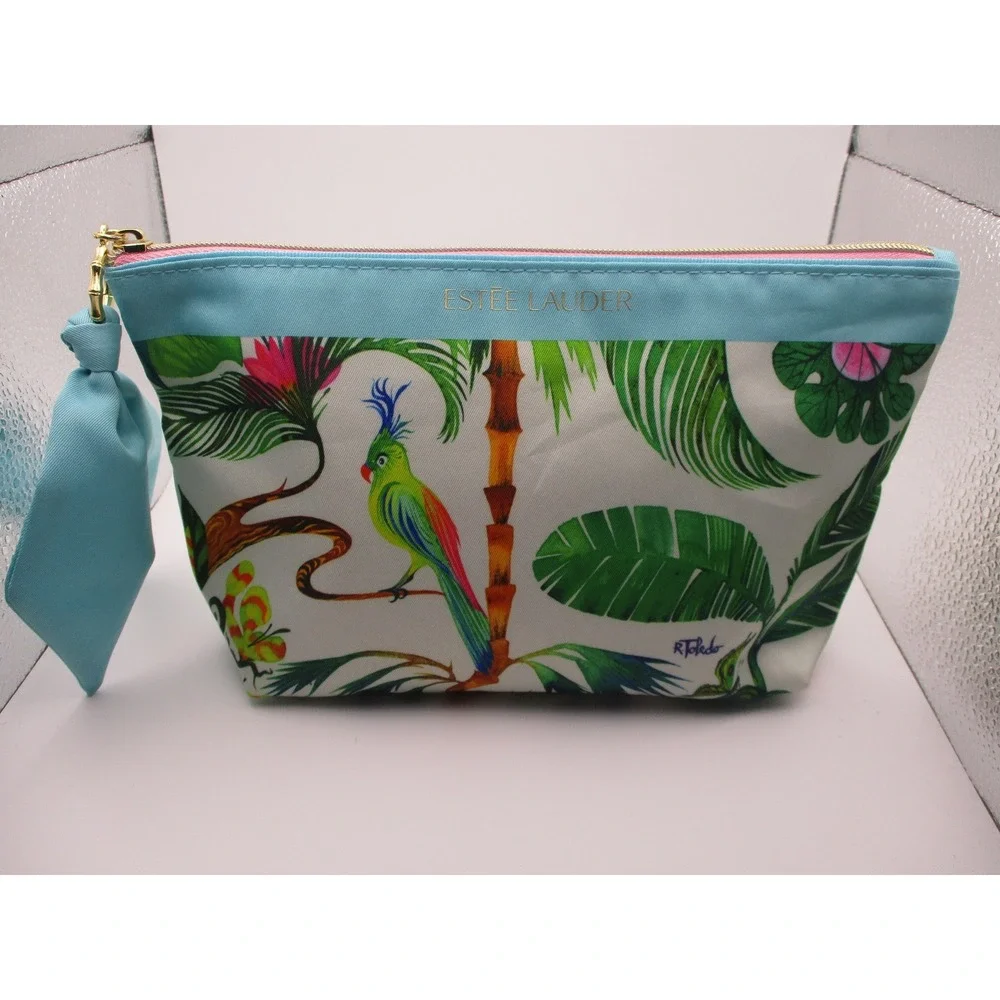 Estee Lauder‎ Ruben Toledo Tropical Parrot Makeup Bag Blue White Floral Cosmetic